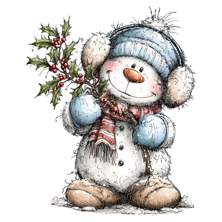 Whimsical snowman holding holly branch wearing blue hat and earmuffs, Grey Barn Handwerk, Saskatchewan.